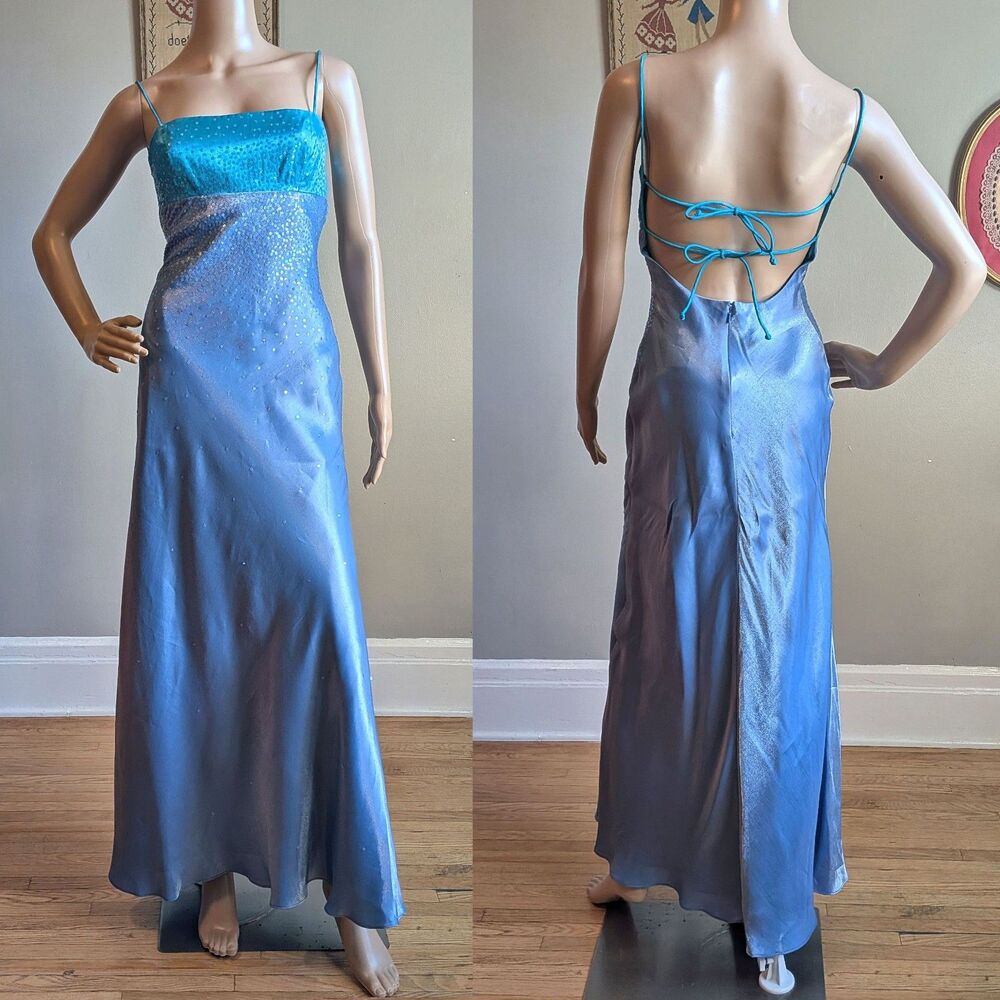 Vintage 90s y2k Morgan & Co Gown Prom Dress Blue Mermaid Sequins Strappy JR 3/4